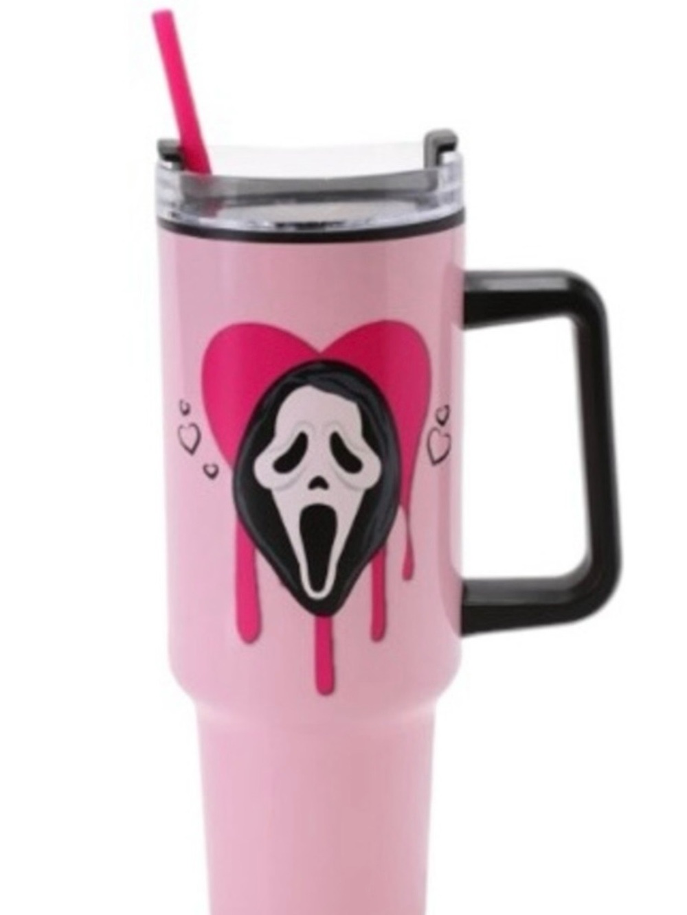 NEW Pink Scream Heart Travel Mug with Handle and Straw